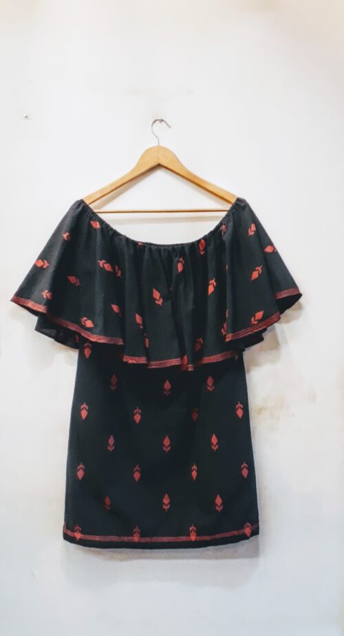 Offshoulder handloom dress in navy cotton with pink woven motif